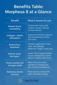 How Often Can I have Morpheus 8? 3 Table showing the benefits of Morpheus 8 treatment from Lipo Sculpt Stratford